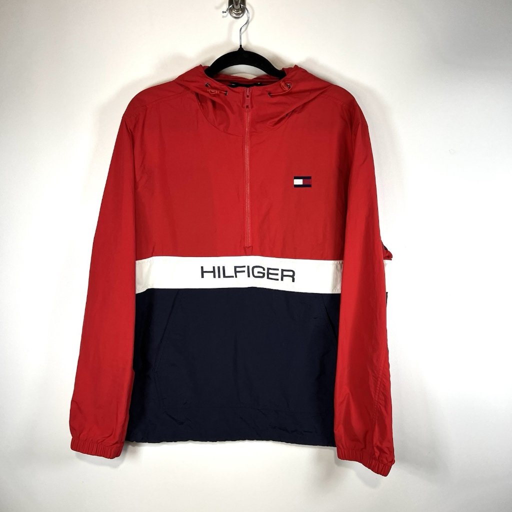 Tommy Hilfiger Menâs Windbreaker Jacket Red Blue Colorblock Sz Large Nautical
